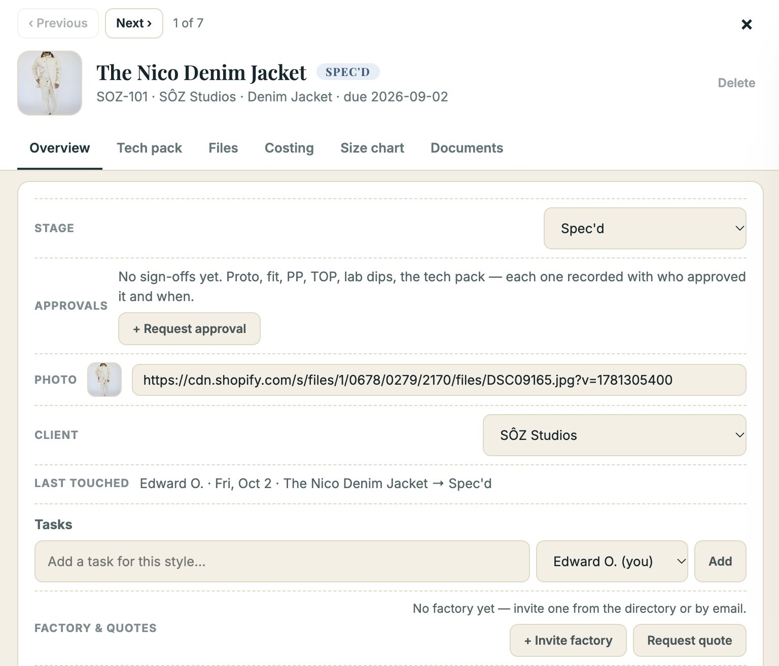 A style record in Pro-Studio: stage, approvals, tasks, files and factory quotes on one page, with your own custom fields